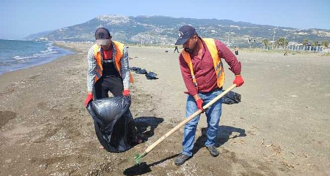 Samandağ sahilinde deniz çekilince petrol atıkları iyice ortaya çıktı